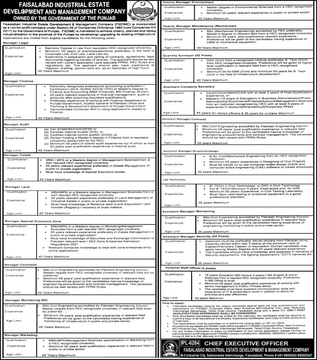 Faisalabad Industrial Estate Development and Management Company FIEDMC Jobs 2024 Advertisement