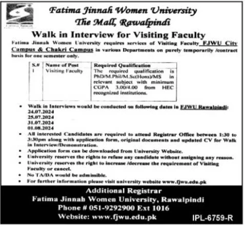 Fatima Jinnah Women University FJWU Rawalpindi Jobs 2024 Advertisement