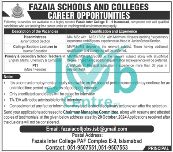 Fazaia Schools And Colleges Islamabad Jobs 2024 Advertisement