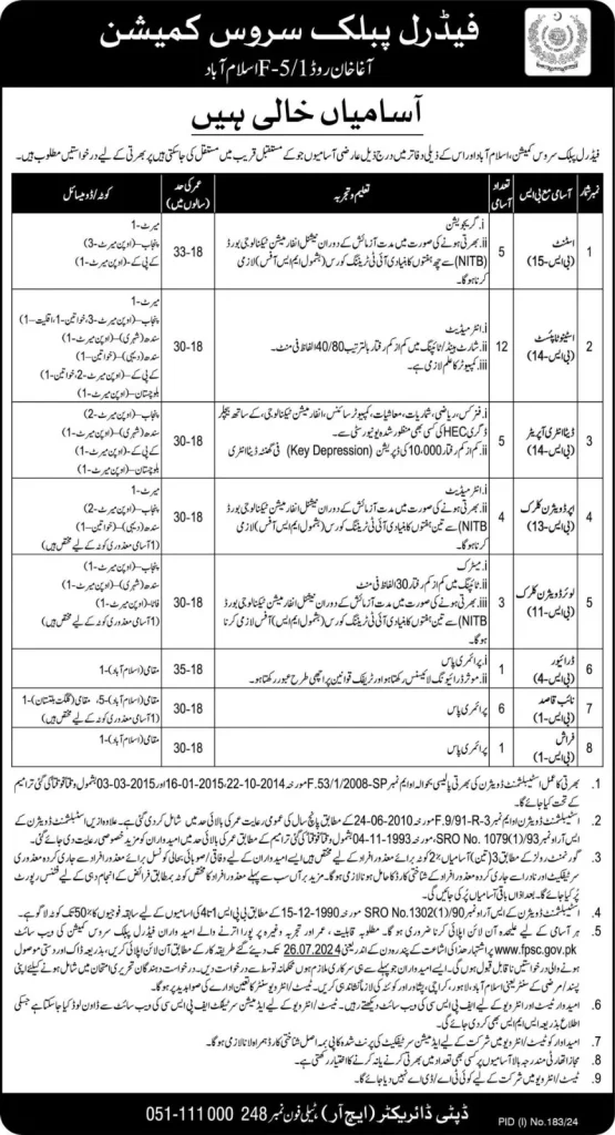 Federal Public Service Commission FPSC Islamabad Jobs 2024 Advertisement