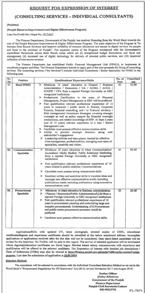 Finance Department Punjab Jobs 2024 Advertisement