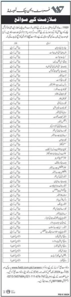 First Women Bank Limited FBWL Jobs 2024 Advertisement