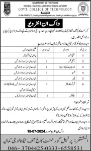 Govt College Of Technology Kamalia Jobs 2024 Walk in Interviews Advertisement