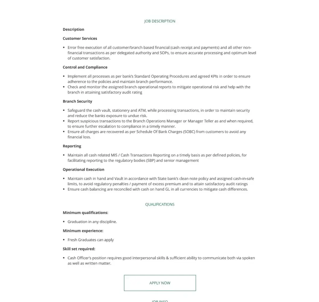 HBL Cash Officer Jobs 2025 Advertisement