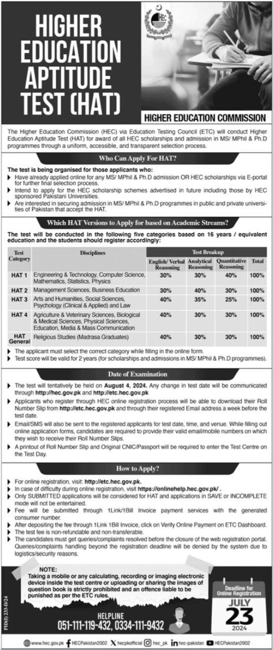 HEC Higher Education Aptitude Test 2024 Advertisement