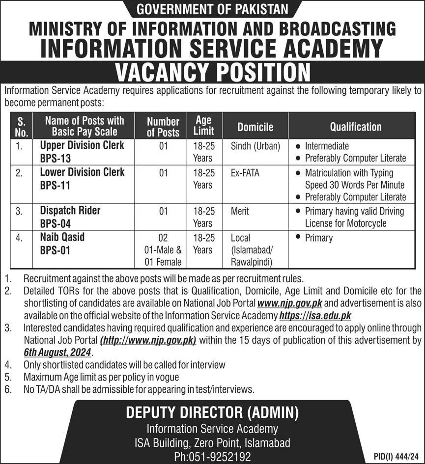 Information Service Academy ISA Jobs 2024 Advertisement