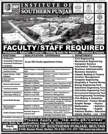 Institute Of Southern Punjab ISP Jobs 2024 Advertisement