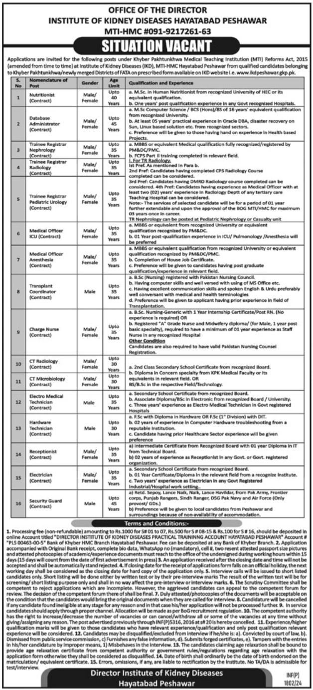 Institute of Kidney Diseases IKD Peshawar Jobs 2024 Advertisement