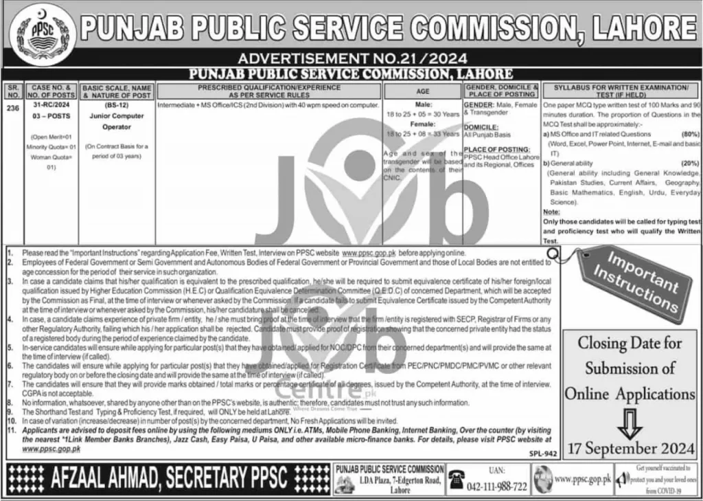 Junior Computer Operator Jobs 2024 Advertisement