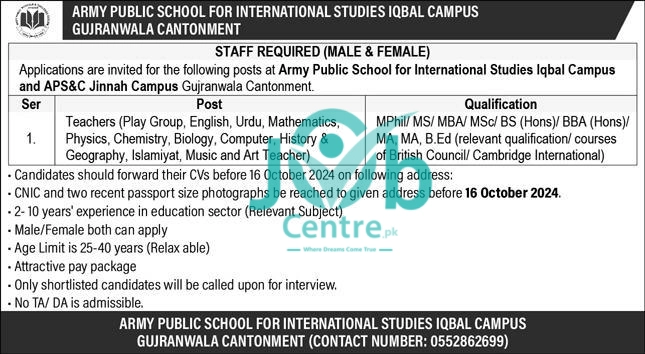 Latest Army Public School and College APS Gujranwala Jobs 2024 Advertisement