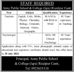 Latest Army Public School and College APS Risalpur Jobs 2024 Advertisement