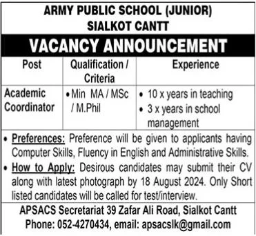 Latest Army Public School and College APS Sialkot Cantt Jobs 2024 Advertisement