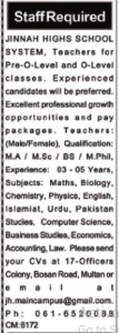 Latest Jinnah Highs School System Multan Jobs 2024 For Teachers 