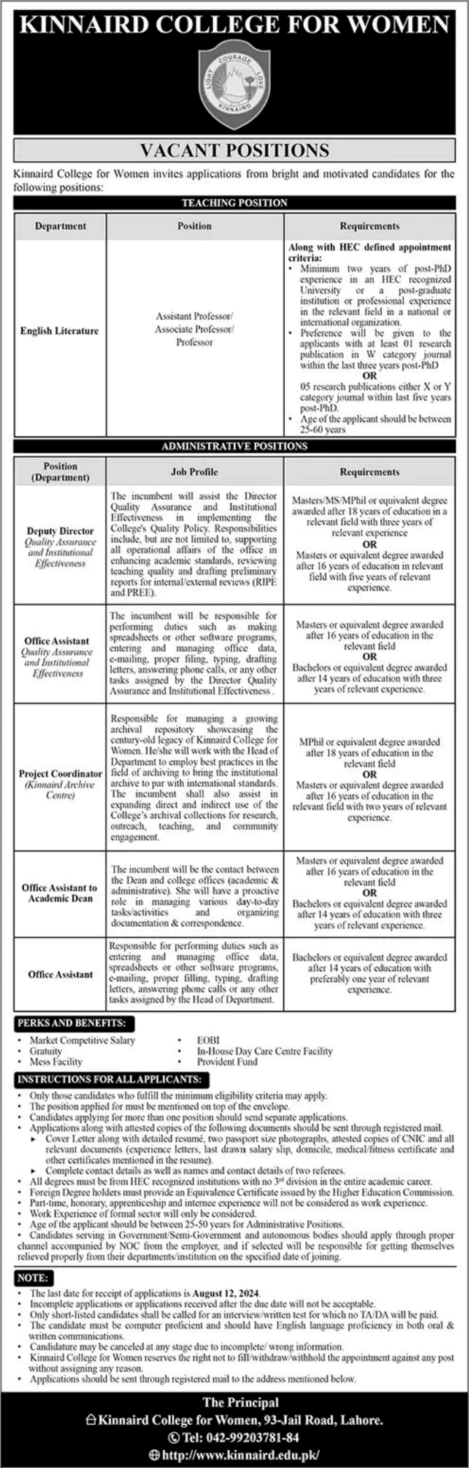 Latest Kinnaird College for Women KCW Lahore Jobs 2024 Advertisement