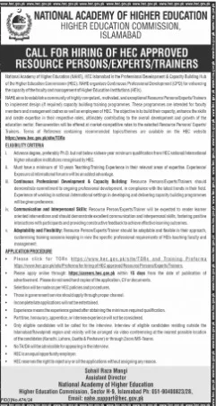 Latest National Academy of Higher Education NAHE Islamabad Jobs 2024 Advertisement