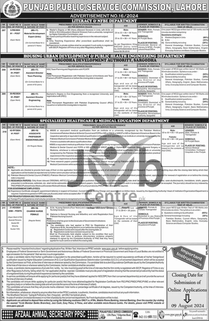 Latest PPSC Advertisement No 16 Jobs 2024 Advertisement 