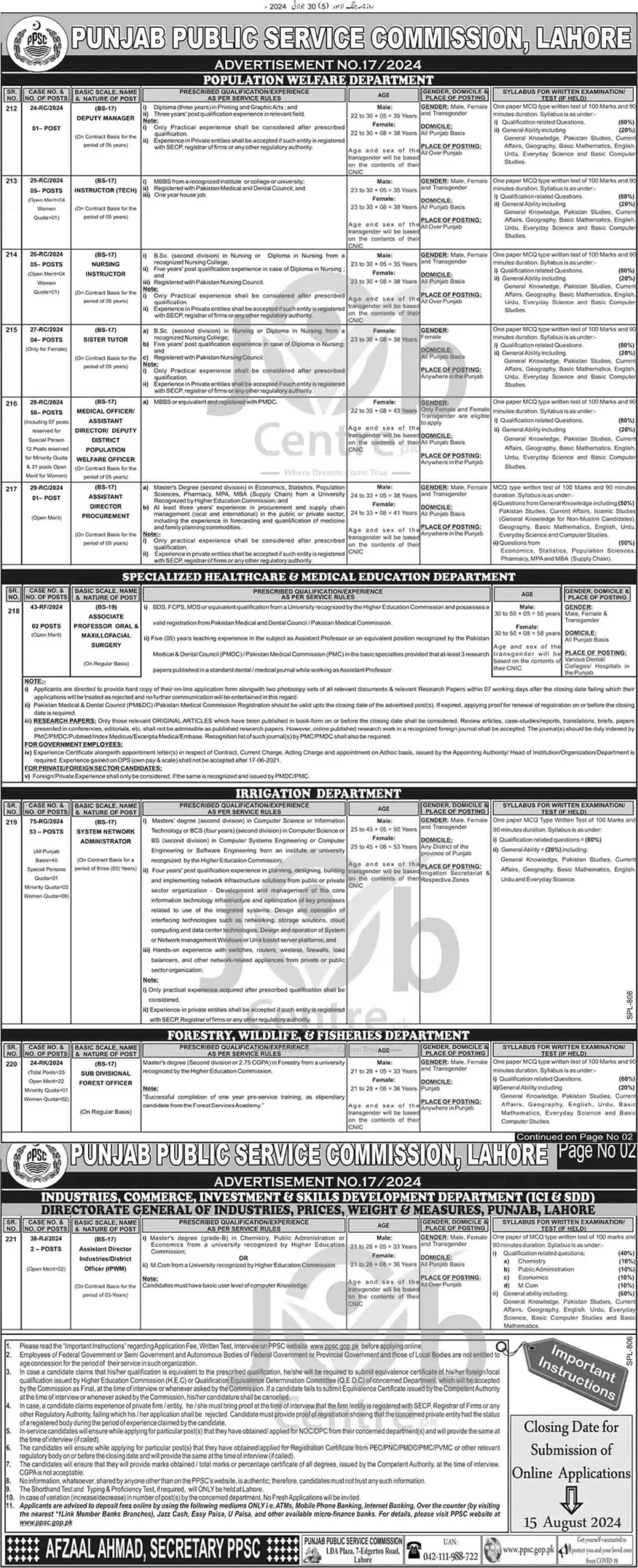 Latest PPSC Advertisement No 17 Jobs 2024