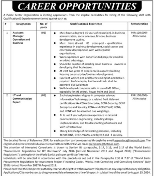 Latest Public Sector Organization Islamabad Jobs 2024 Advertisement: