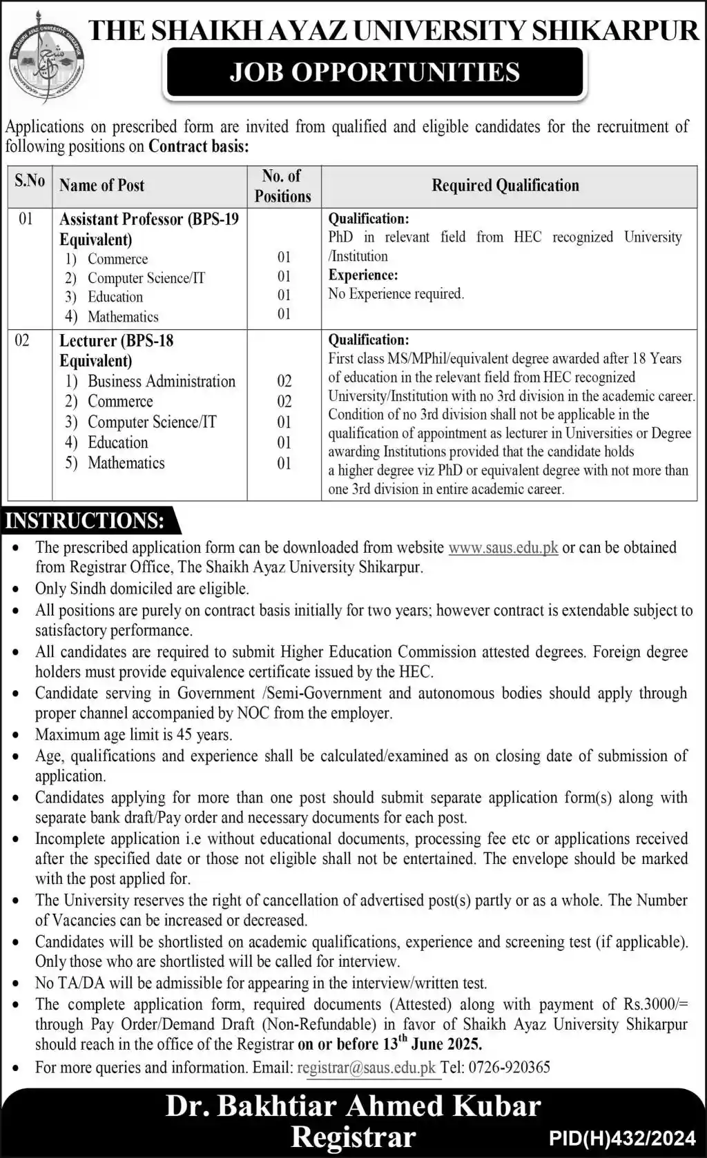 The Shaikh Ayaz University Shikarpur SAUS Jobs 2025 Today Advertisement