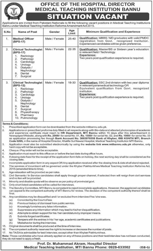 Medical Teaching Institution MTI Bannu Jobs 2024 Advertisement