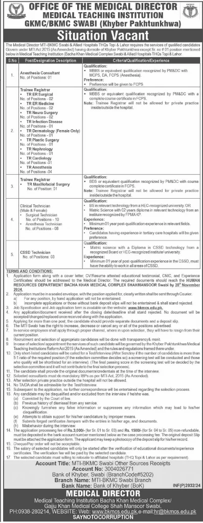 Medical Teaching Institution MTI Swabi Jobs 2024 Advertisement