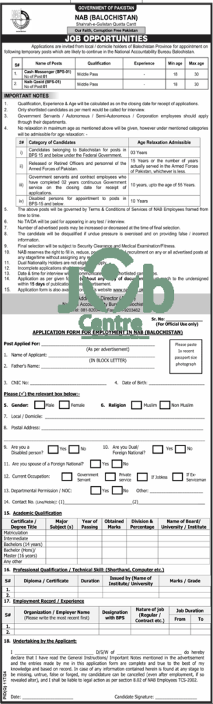 National Accountability Bureau NAB Balochistan Jobs 2024 Advertisement