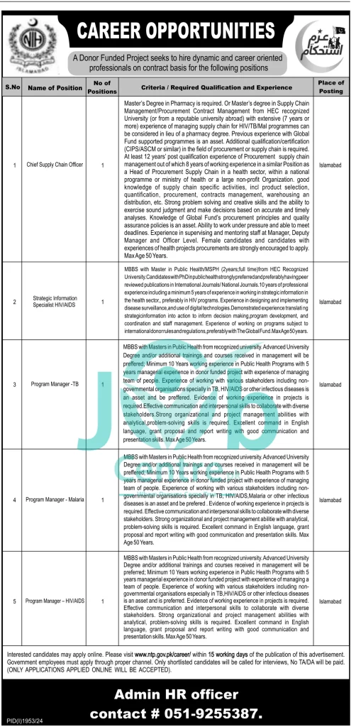 Donor Funded Project Islamabad Jobs 2024 Advertisement