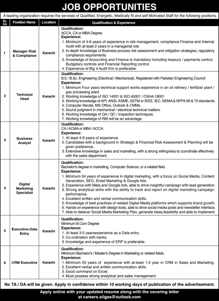 Oil and Gas Company Karachi Jobs 2024 Advertisement