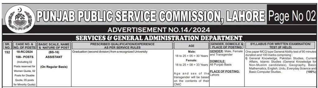 S&GAD Department PPSC Assistant Jobs 2024 Advertisement: