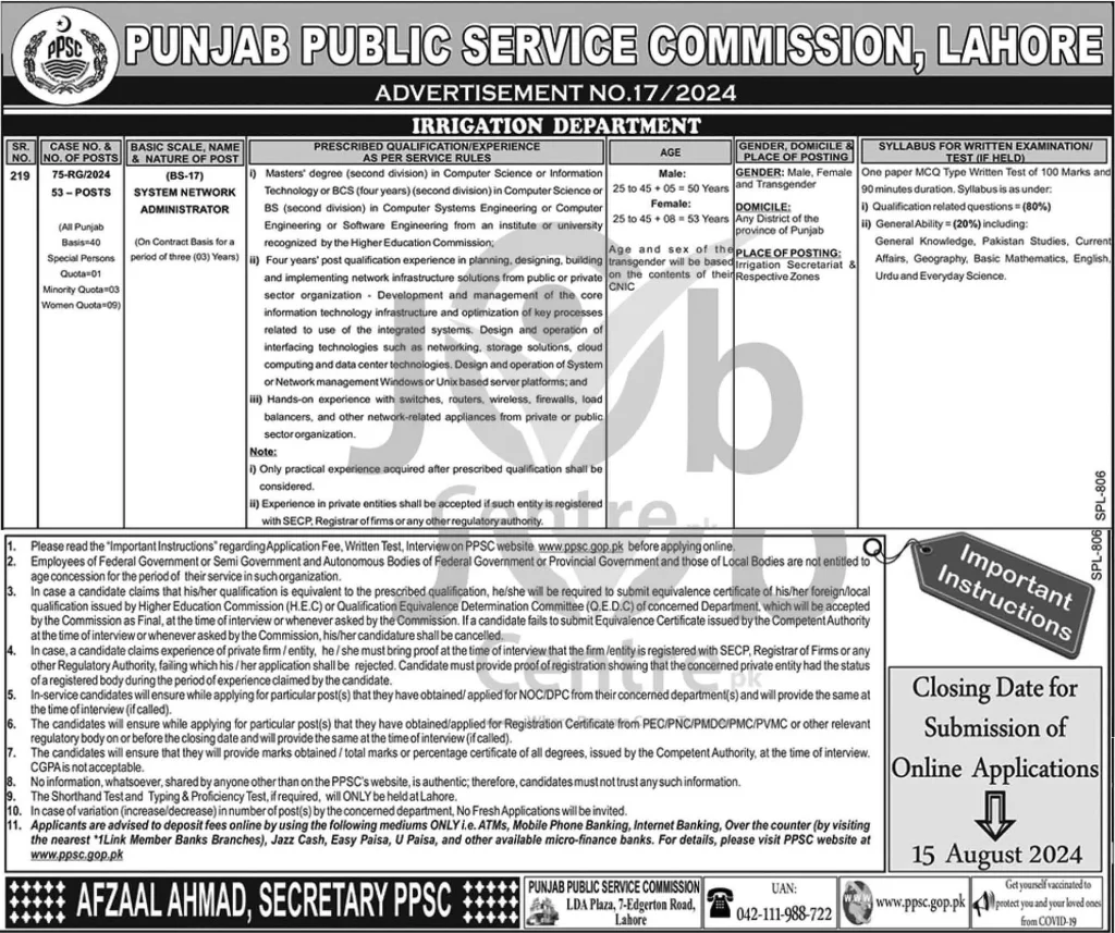 PPSC Irrigation Department Jobs 2024 Advertisement