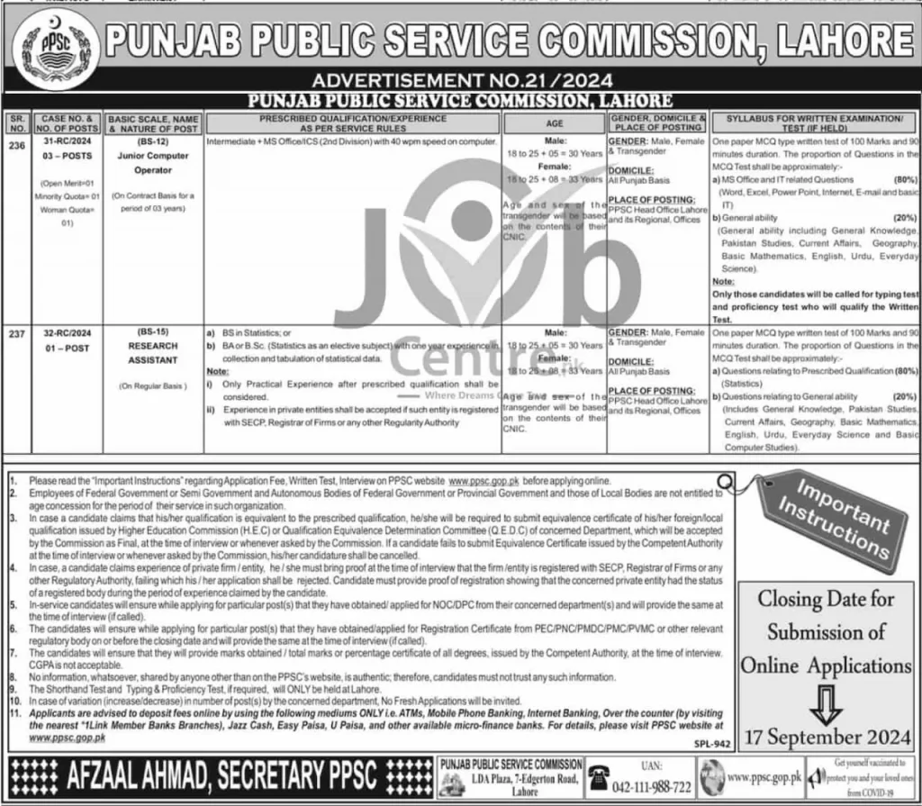 PPSC Lahore Jobs 2024 Advertisement 