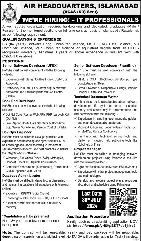 PAF Air Headquarters Islamabad Jobs 2024 Advertisement: