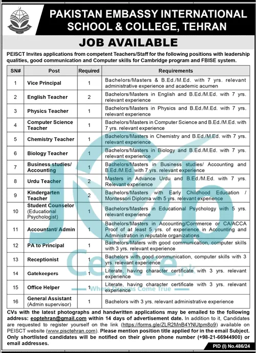 Pakistan Embassy International School and College Education Tehran Jobs 2024 Advertisement