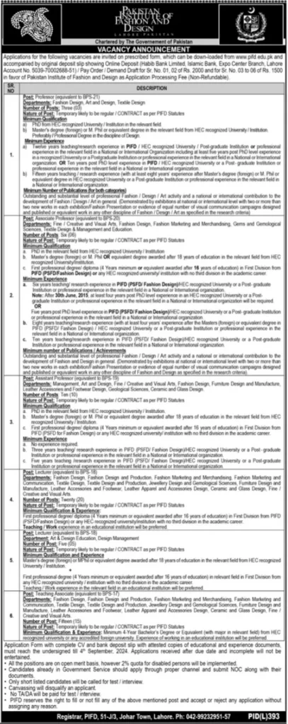 Pakistan Institute of Fashion and Design PIFD Jobs 2024 Advertisement