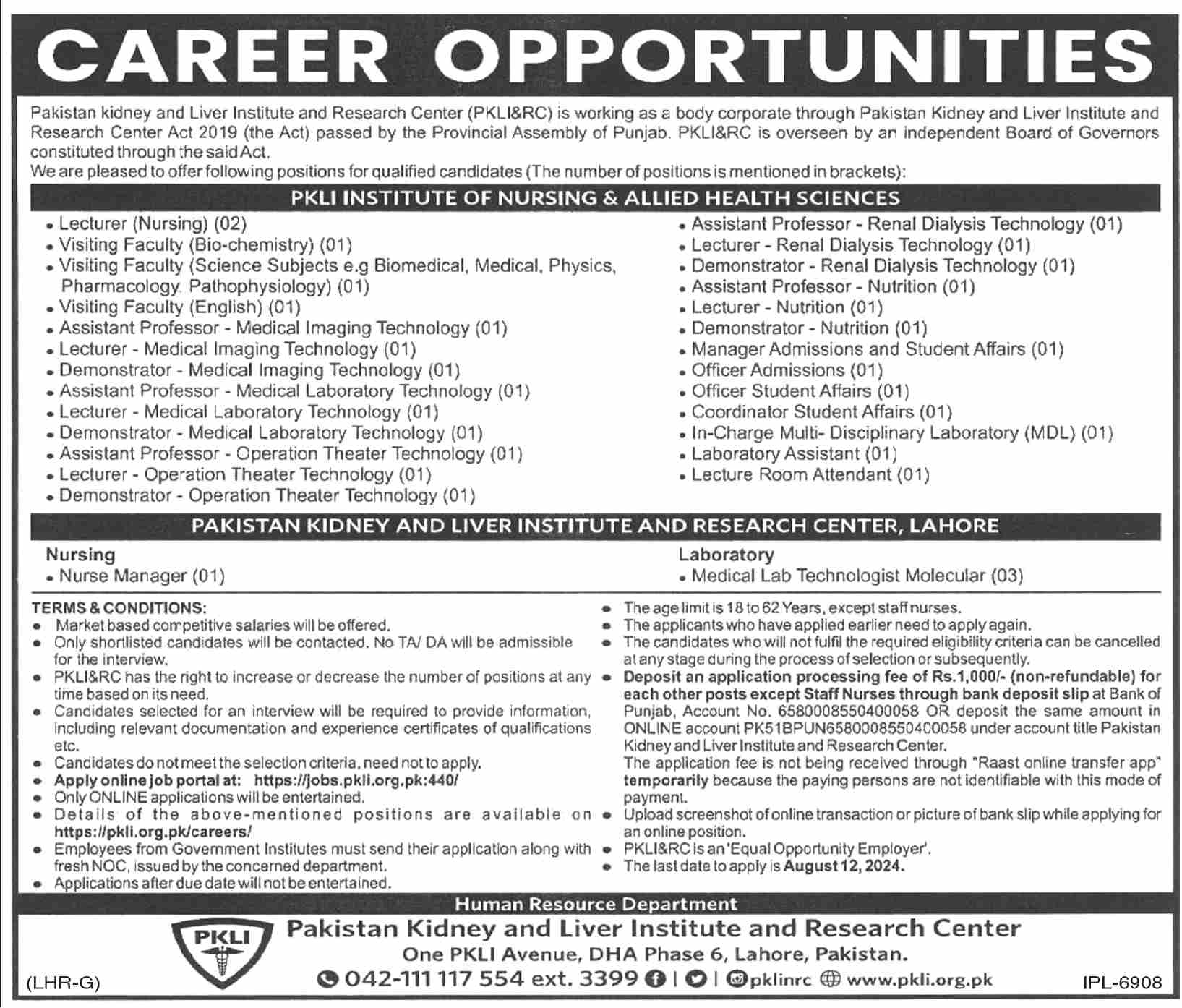 Pakistan Kidney And Liver Institute And Research Centre PKLI Lahore Jobs 2024 Advertisement: