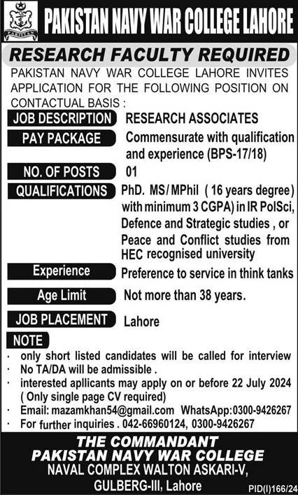 Pakistan Navy WAR College Lahore Jobs 2024 Advertisement