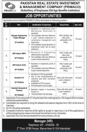 Pakistan Real Estate Investment & Management Company PRIMACO Jobs 2024 Advertisement