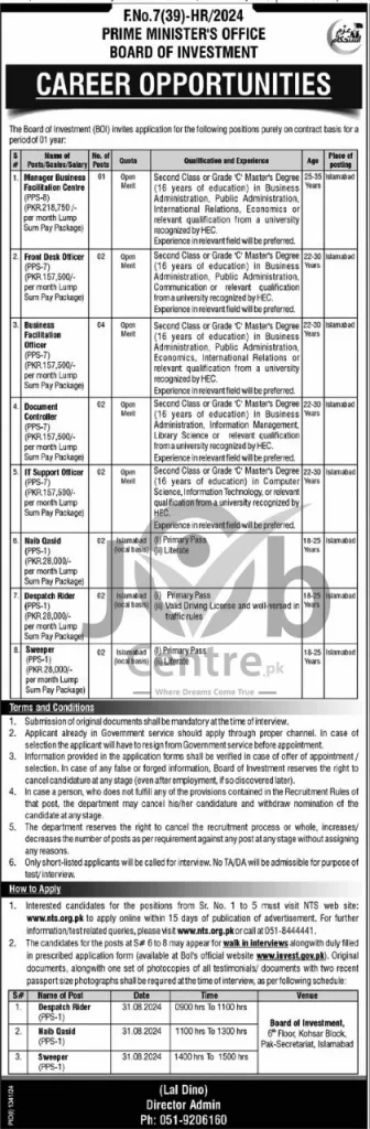 Prime Minister's Office Board Of Investment BOI Islamabad Jobs 2024 Advertisement