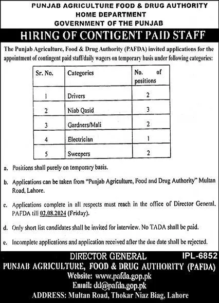 Punjab Agriculture Food And Drug Authority PAFDA Jobs 2024