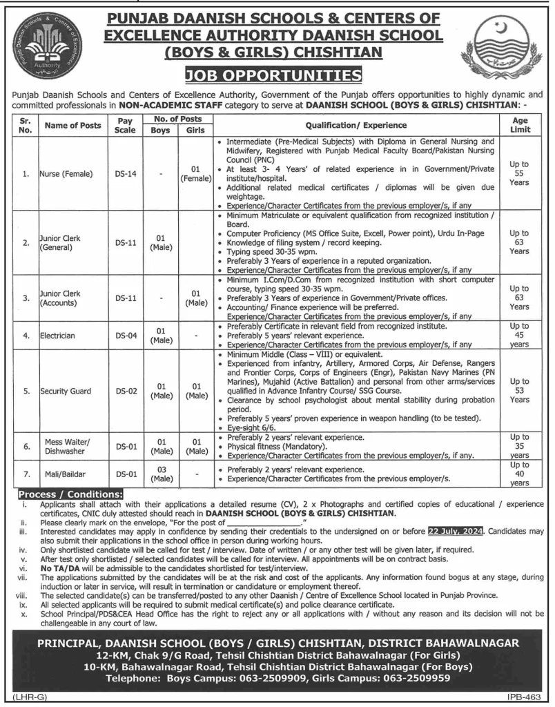 Punjab Daanish Schools Chishtian Jobs 2024 Advertisement