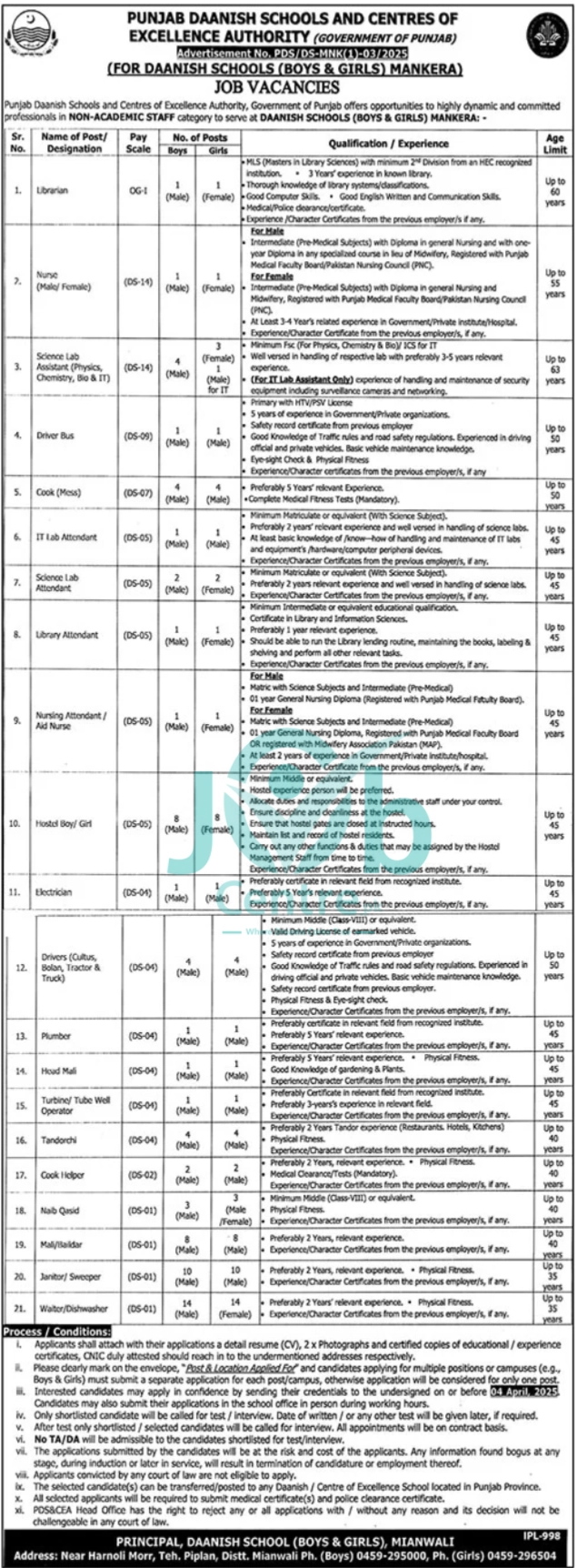 Punjab Daanish Schools Mianwali Jobs 2025 Latest Advertisement
