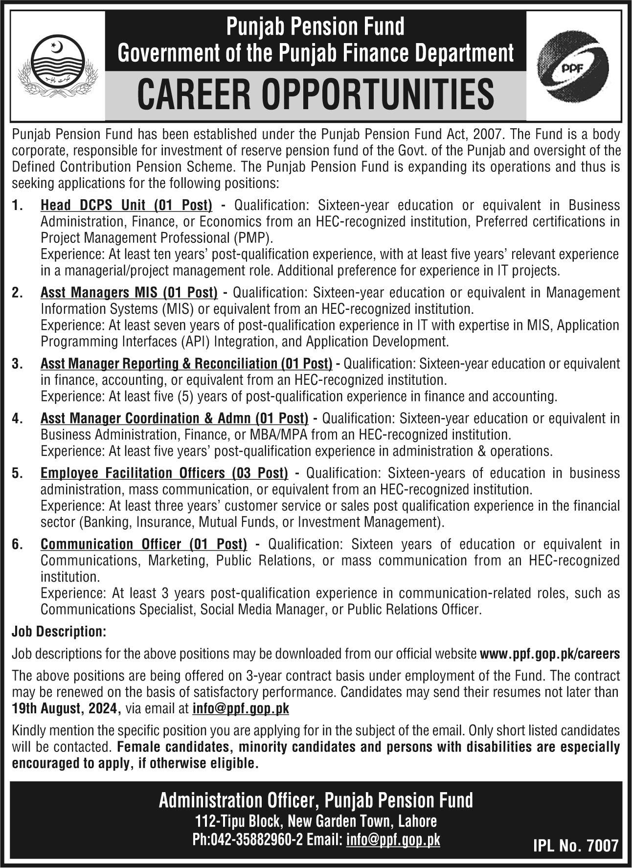 Latest Punjab Pension Fund PPF Jobs 2024 Advertisement: