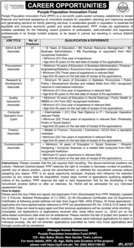 Punjab Population Innovation Fund Jobs 2024 Advertisement