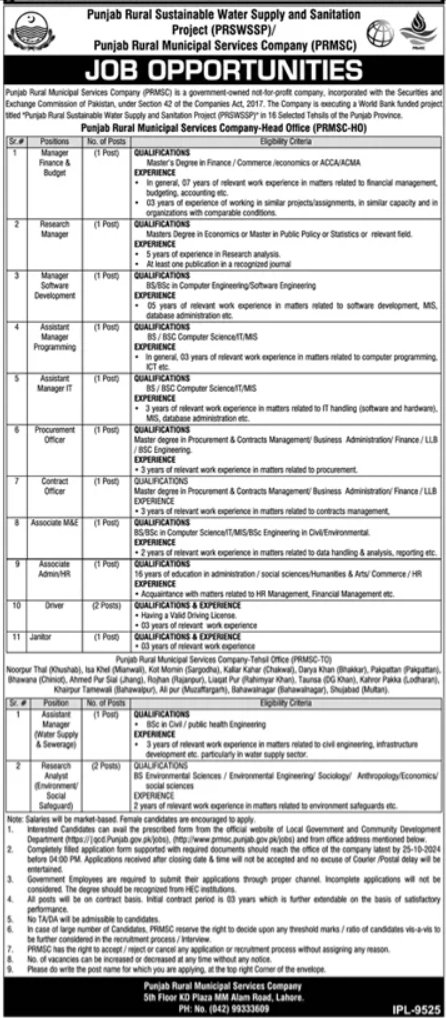 Punjab Rural Municipal Services Company PRMSC Jobs 2024 Advertisement