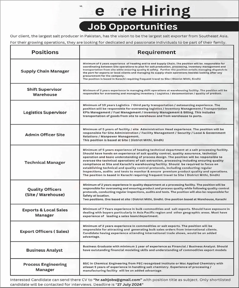 Salt Producer Company Jobs 2024 Advertisement