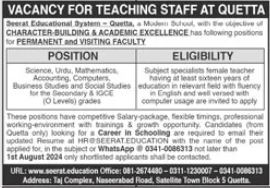 Seerat Educational System Quetta Jobs 2024 Advertisement: