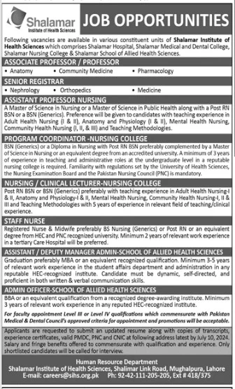 Shalamar Institute Of Health Sciences SIHS Lahore Jobs 2024 Advertisement