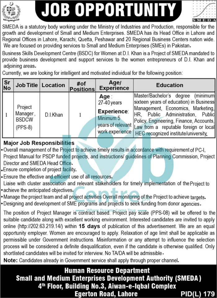 Small and Medium Enterprise Development Authority SMEDA Lahore Jobs 2024 Advertisement