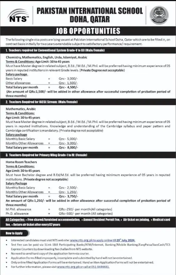 Pakistan International School Doha Qatar Jobs 2024 Advertisement: