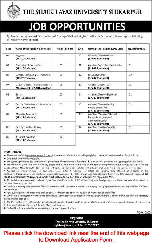 The Shaikh Ayaz University Shikarpur SAUS Jobs 2024 Advertisement: